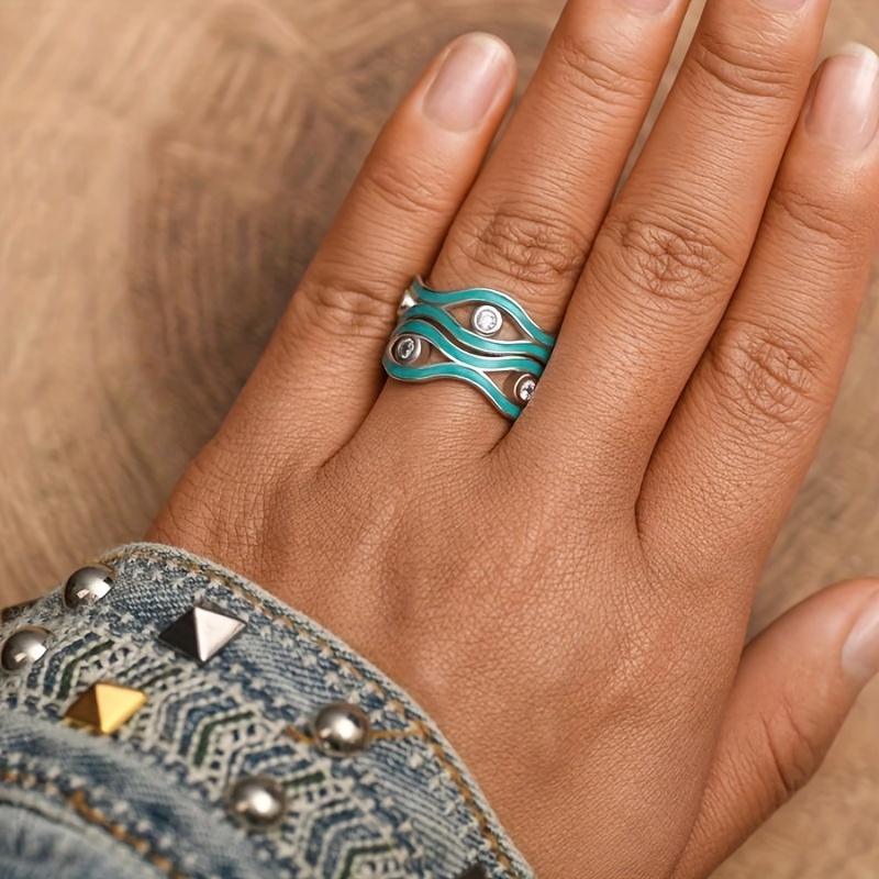 Bohemian Turquoise Wave Enamel Ring with Golden Plating